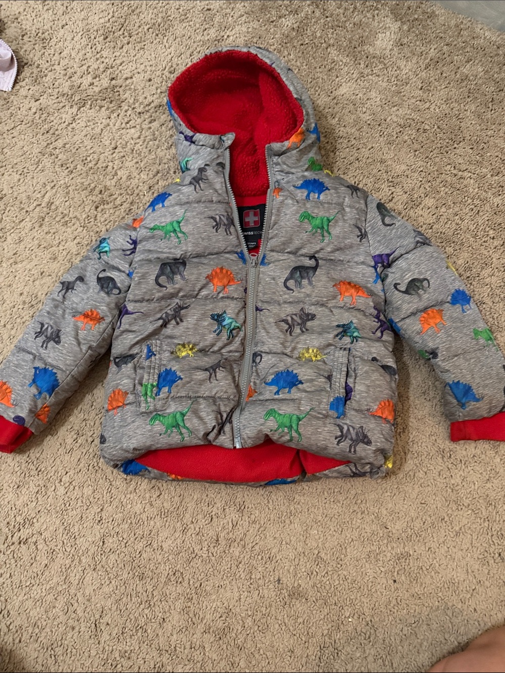 Kids Grey Puffer Jacket with Colorful Dinosaur Print
